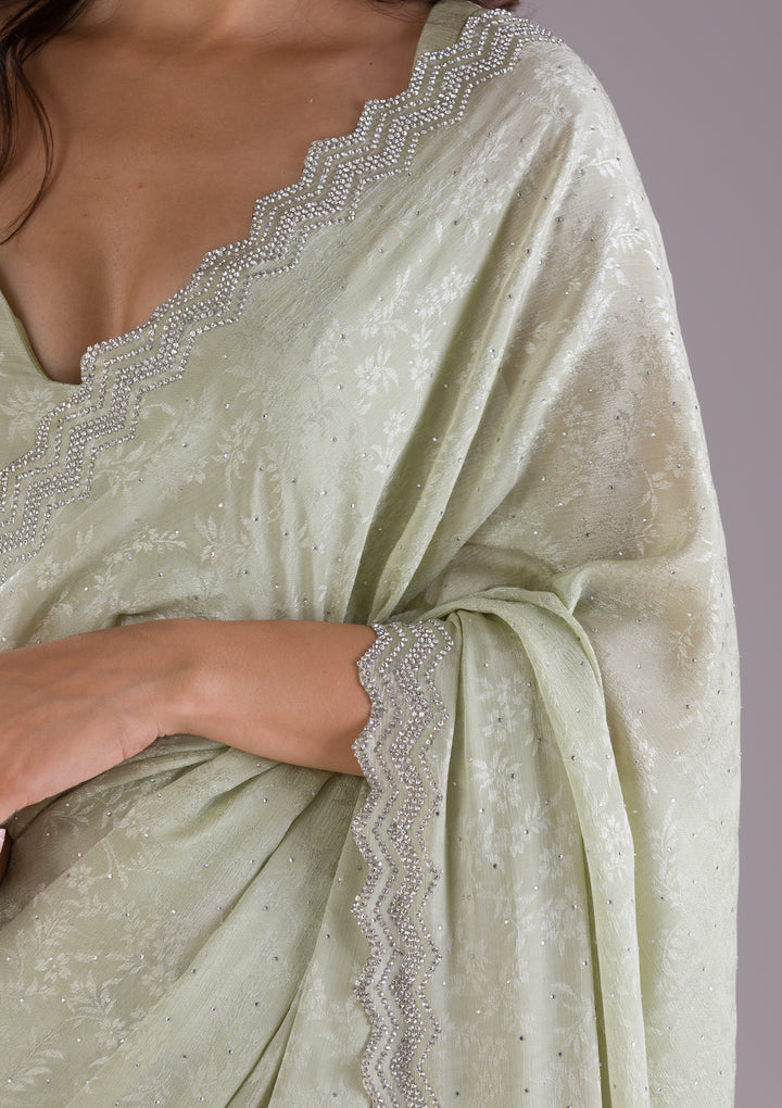 Pista Green Stonework Semi Crepe Saree