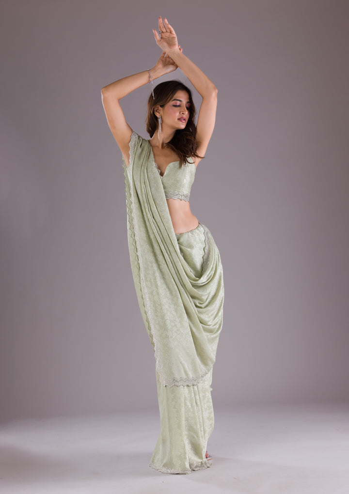 Pista Green Stonework Semi Crepe Saree