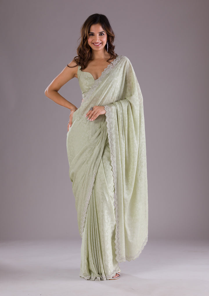 Pista Green Stonework Semi Crepe Saree