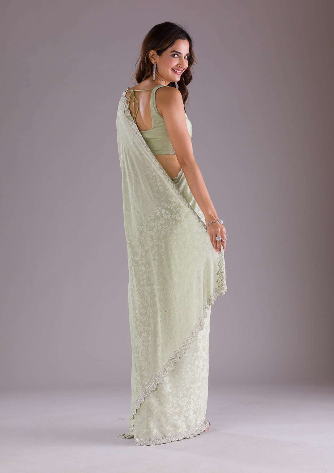 Pista Green Stonework Semi Crepe Saree