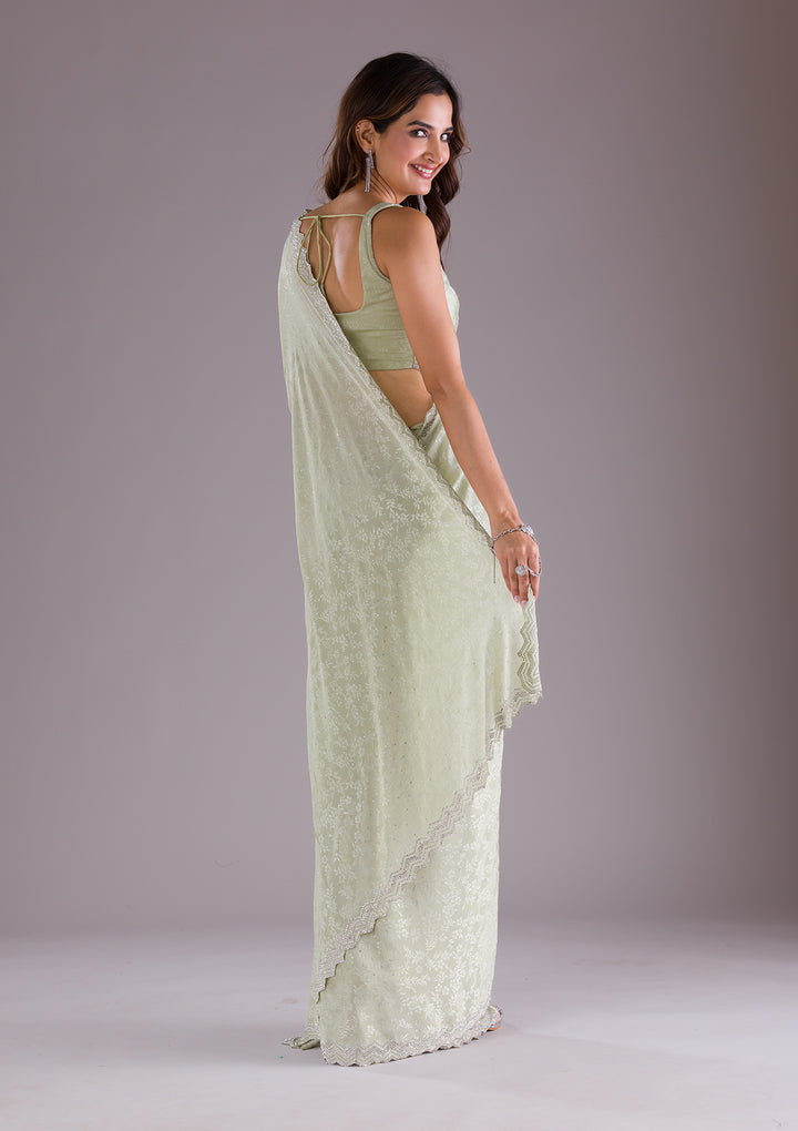Pista Green Stonework Semi Crepe Saree