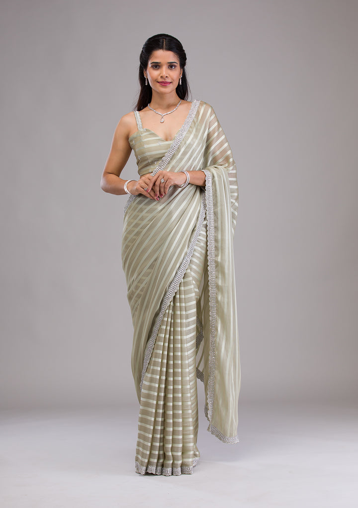 Pista Green Stonework Semi Crepe Saree