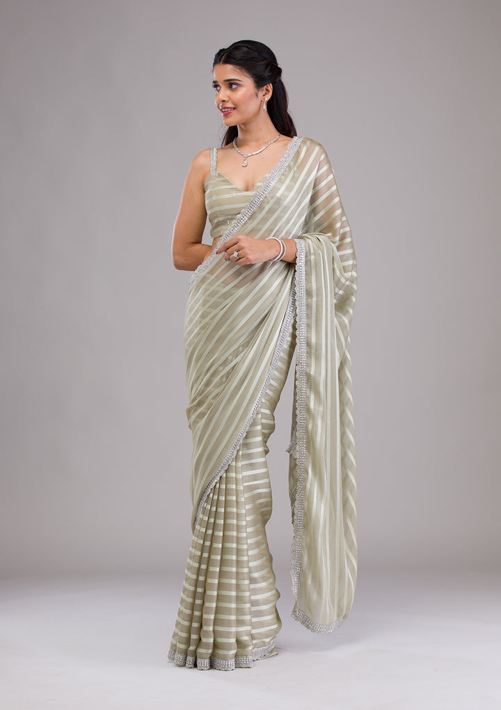 Pista Green Stonework Semi Crepe Saree