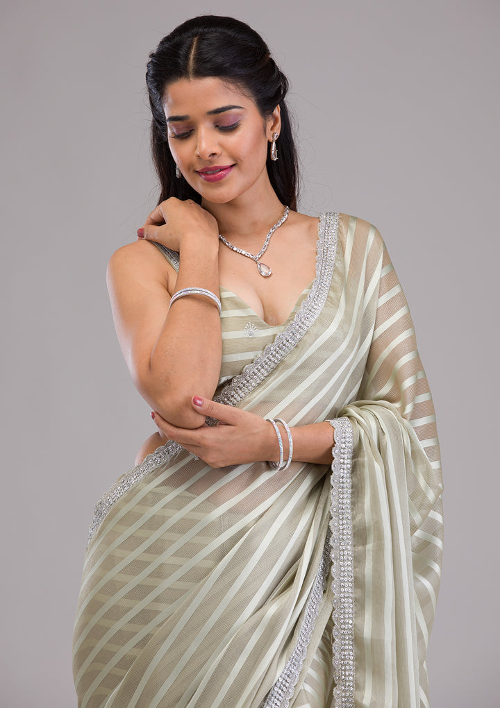Pista Green Stonework Semi Crepe Saree