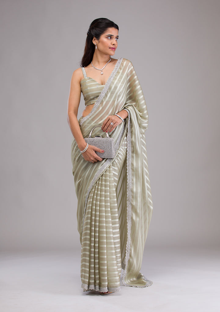 Pista Green Stonework Semi Crepe Saree
