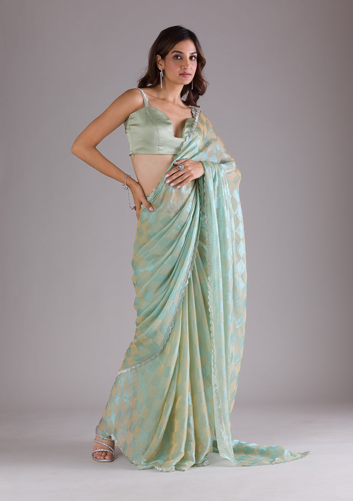 Pista Green Stonework Semi Crepe Saree
