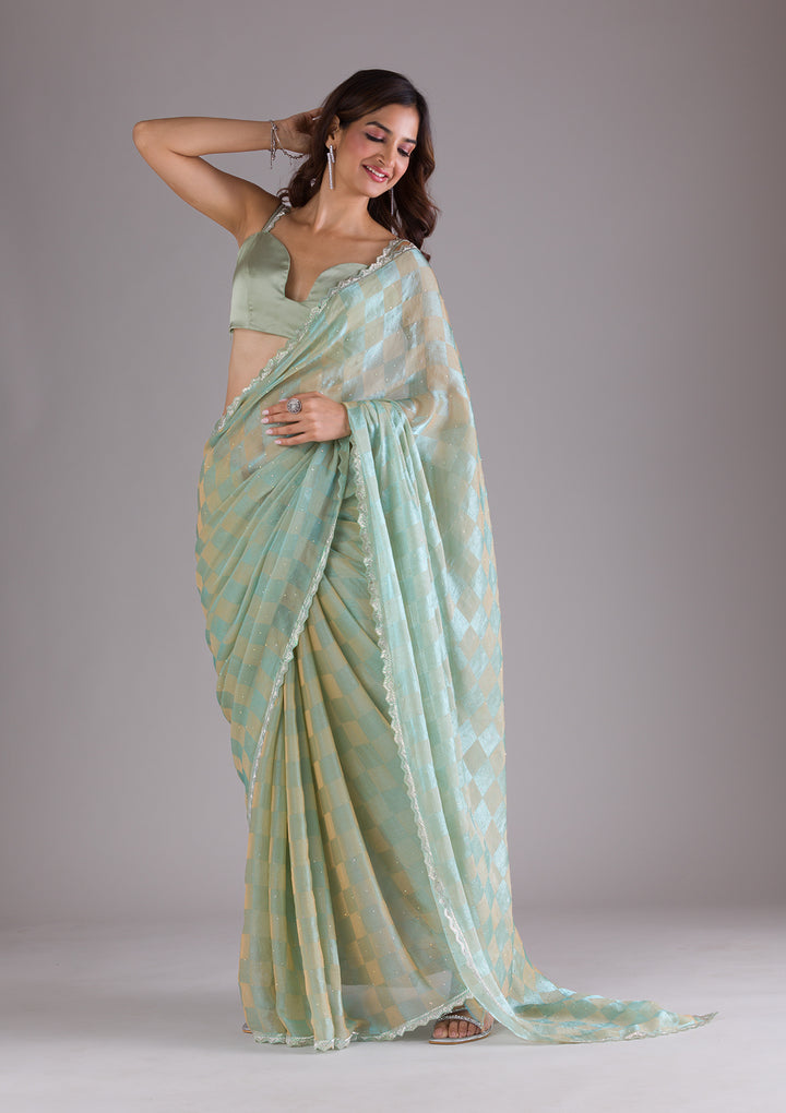Pista Green Stonework Semi Crepe Saree