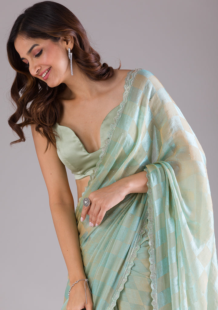 Pista Green Stonework Semi Crepe Saree