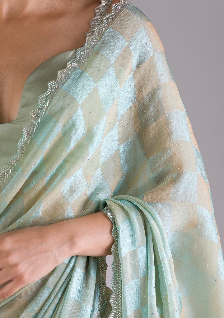 Pista Green Stonework Semi Crepe Saree