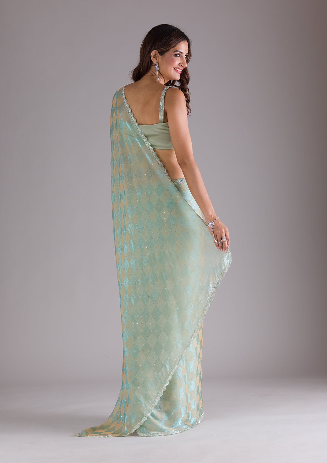 Pista Green Stonework Semi Crepe Saree