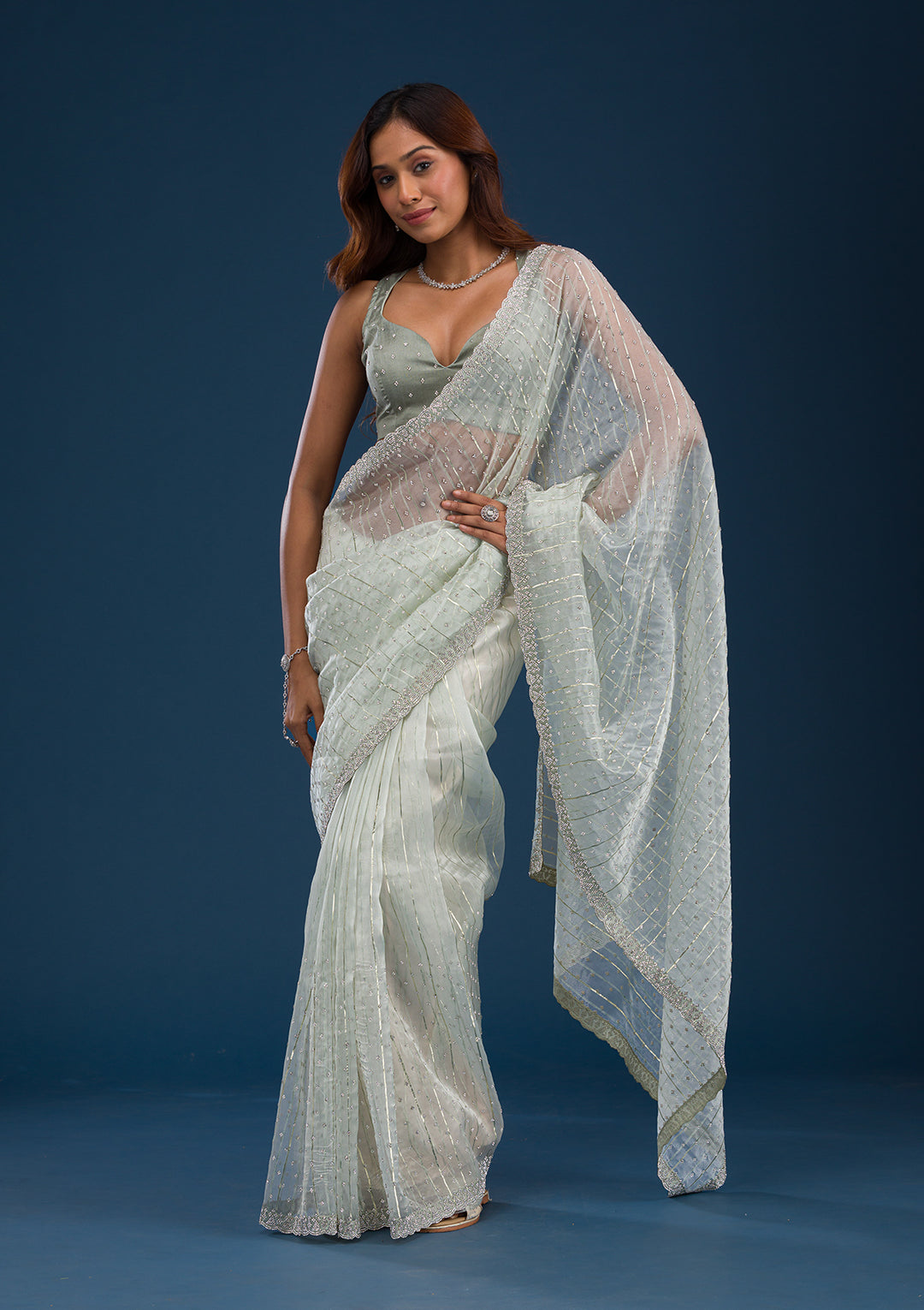 Pista Green Stonework Tissue Saree