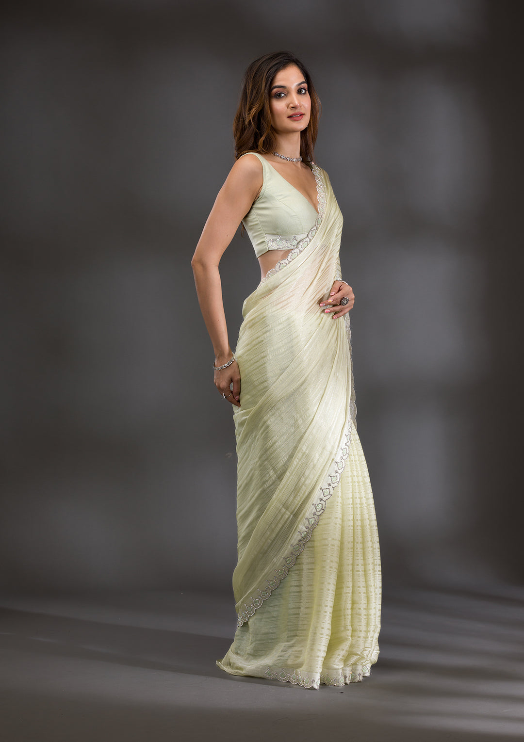 Pista Green Swarovski Georgette Saree