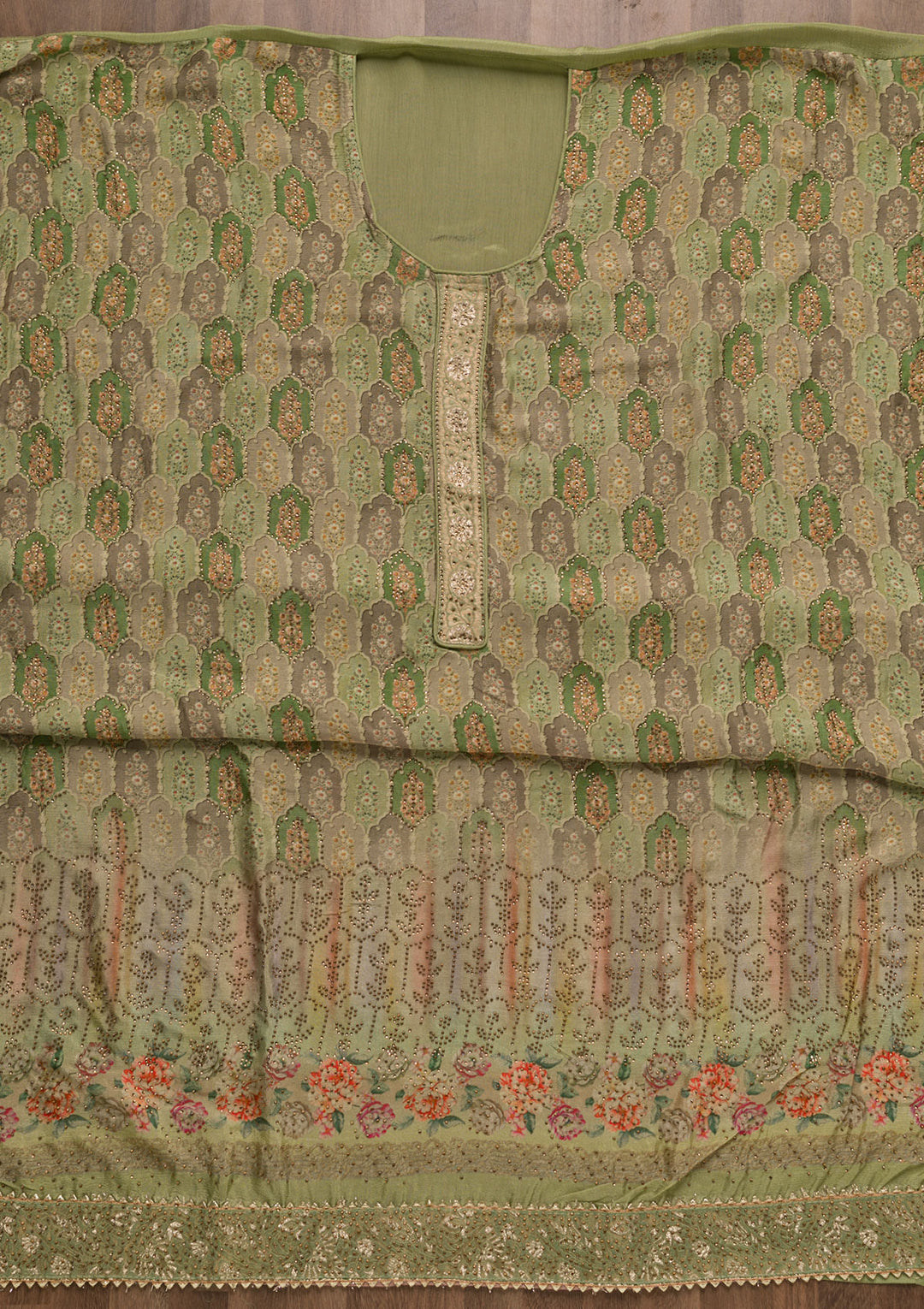 Pista Green Swarovski Semi Crepe Unstitched Salwar Suit