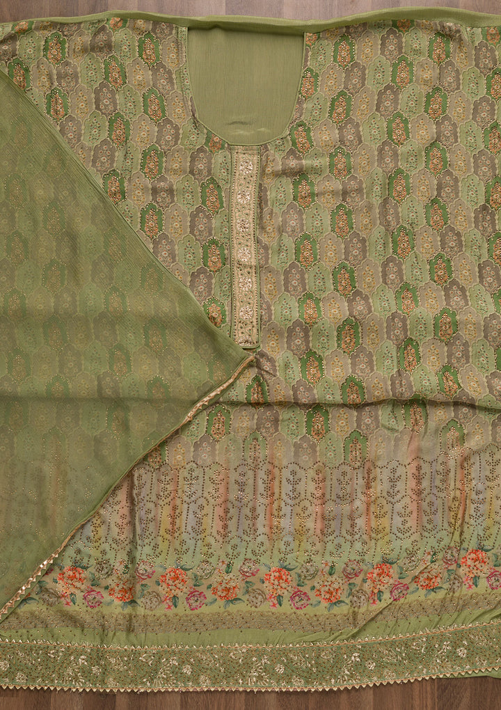 Pista Green Swarovski Semi Crepe Unstitched Salwar Suit