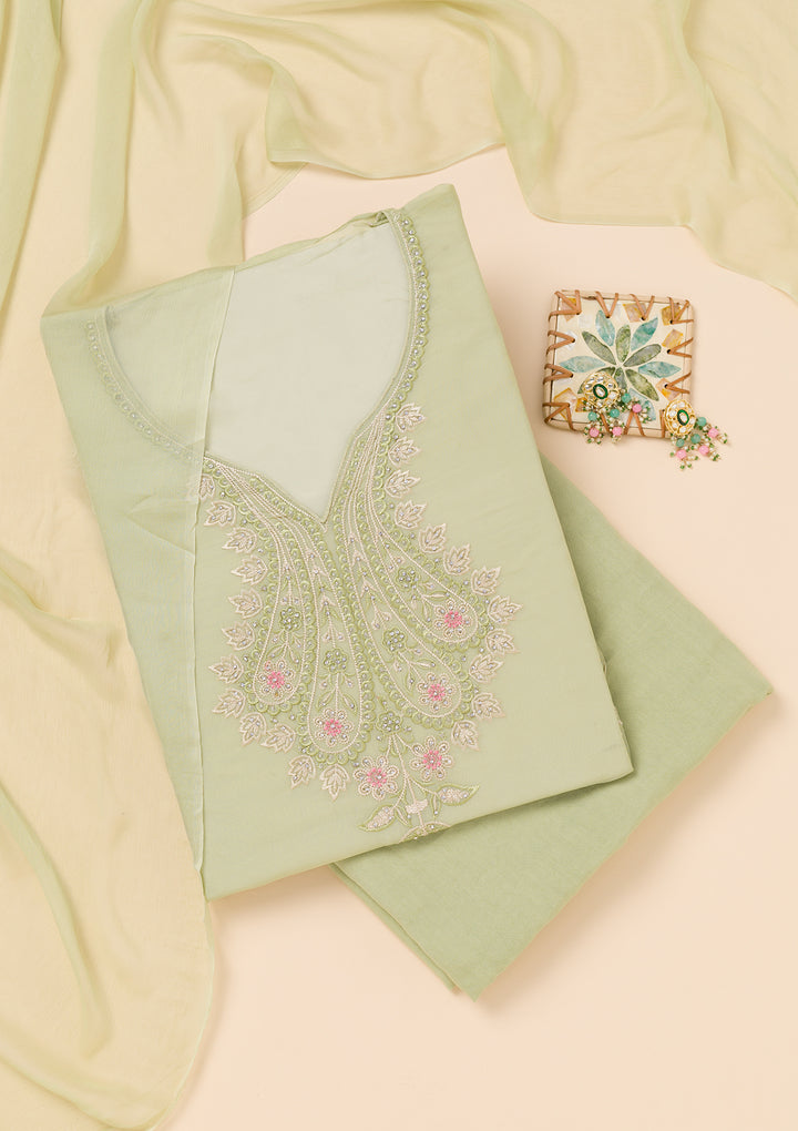 Pista Green Threadwork Organza Unstitched Salwar Suit