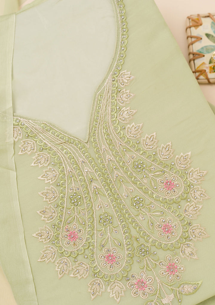 Pista Green Threadwork Organza Unstitched Salwar Suit