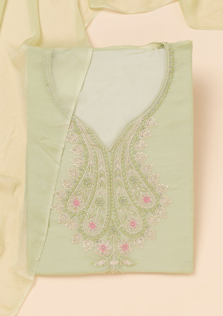 Pista Green Threadwork Organza Unstitched Salwar Suit