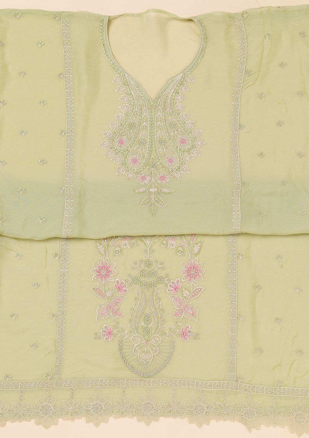 Pista Green Threadwork Organza Unstitched Salwar Suit