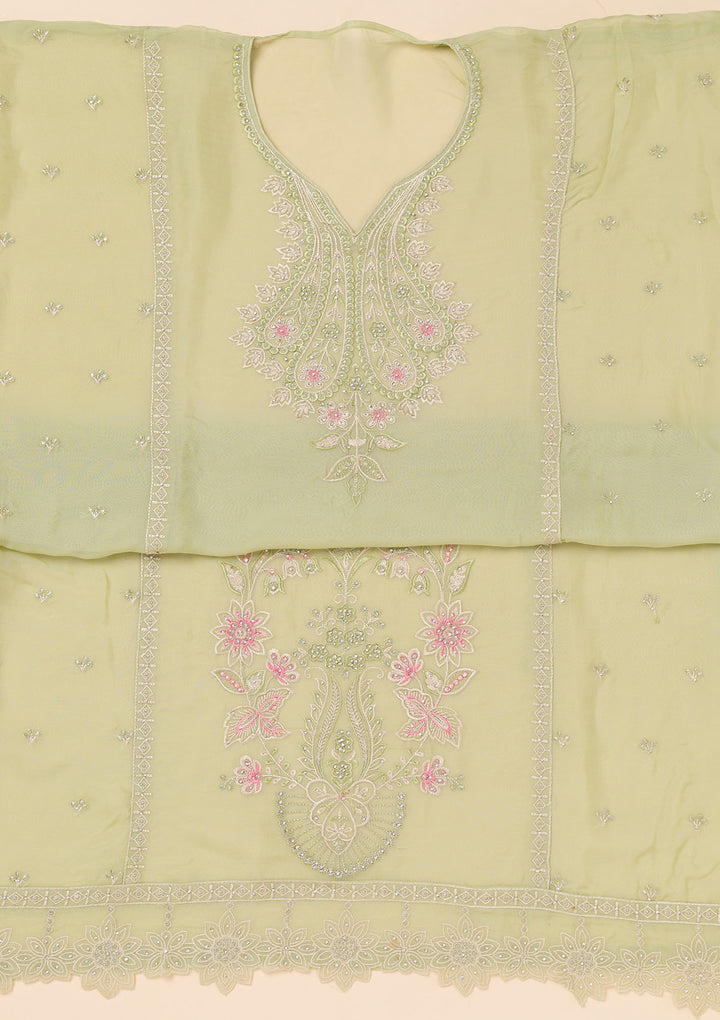 Pista Green Threadwork Organza Unstitched Salwar Suit