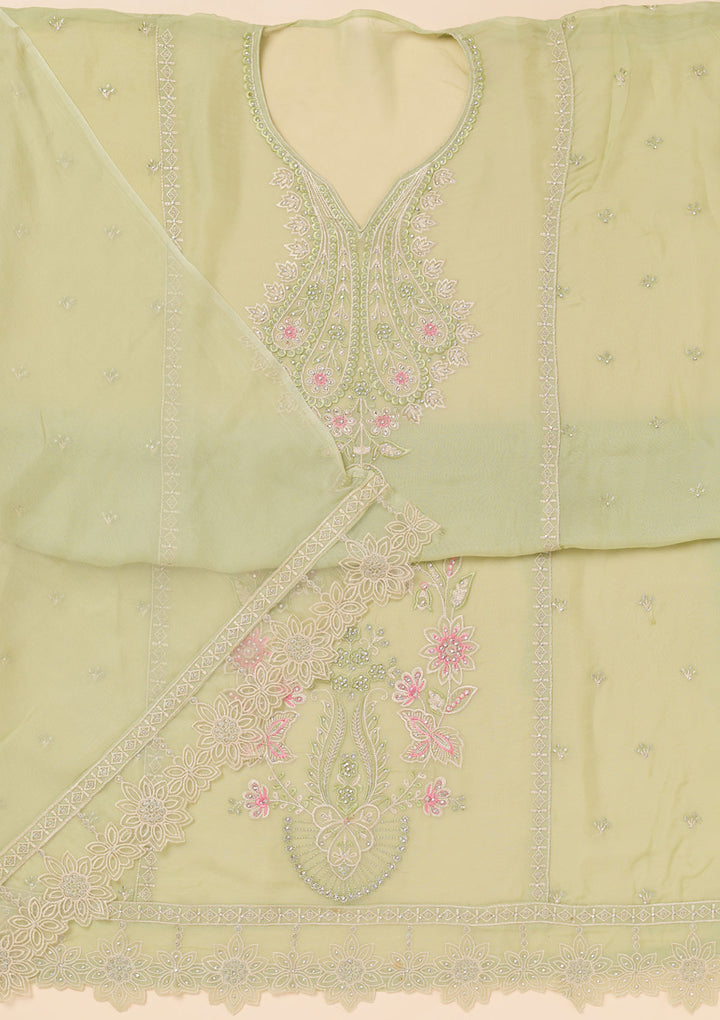 Pista Green Threadwork Organza Unstitched Salwar Suit
