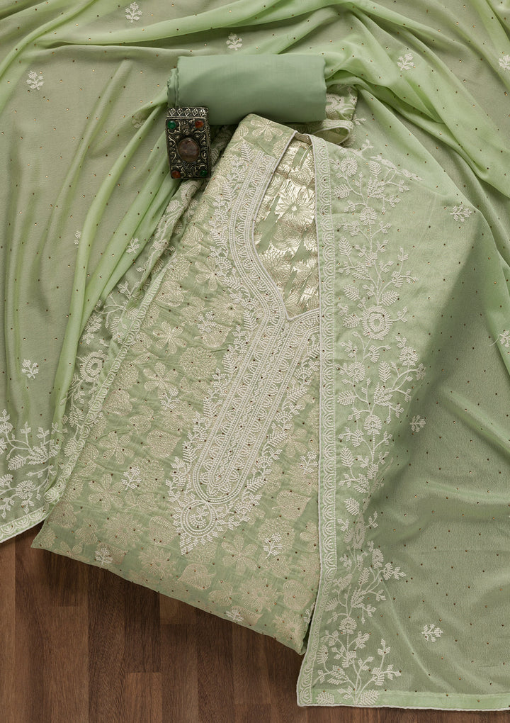 Pista Green Threadwork Banarasi Unstitched Salwar Suit