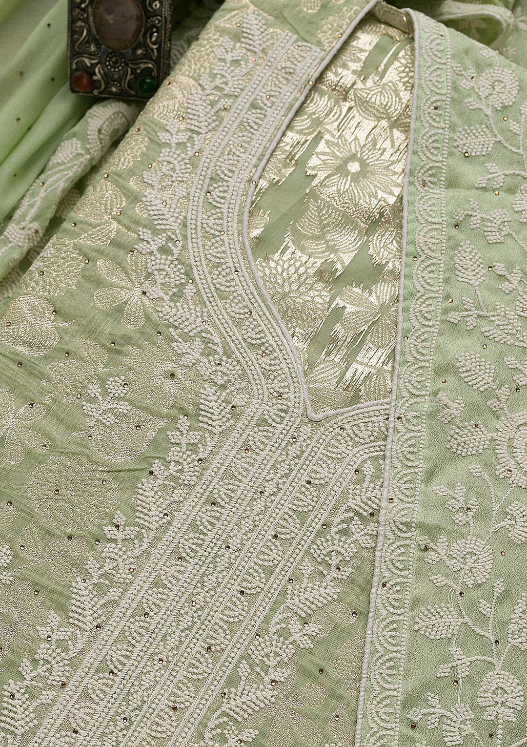 Pista Green Threadwork Banarasi Unstitched Salwar Suit