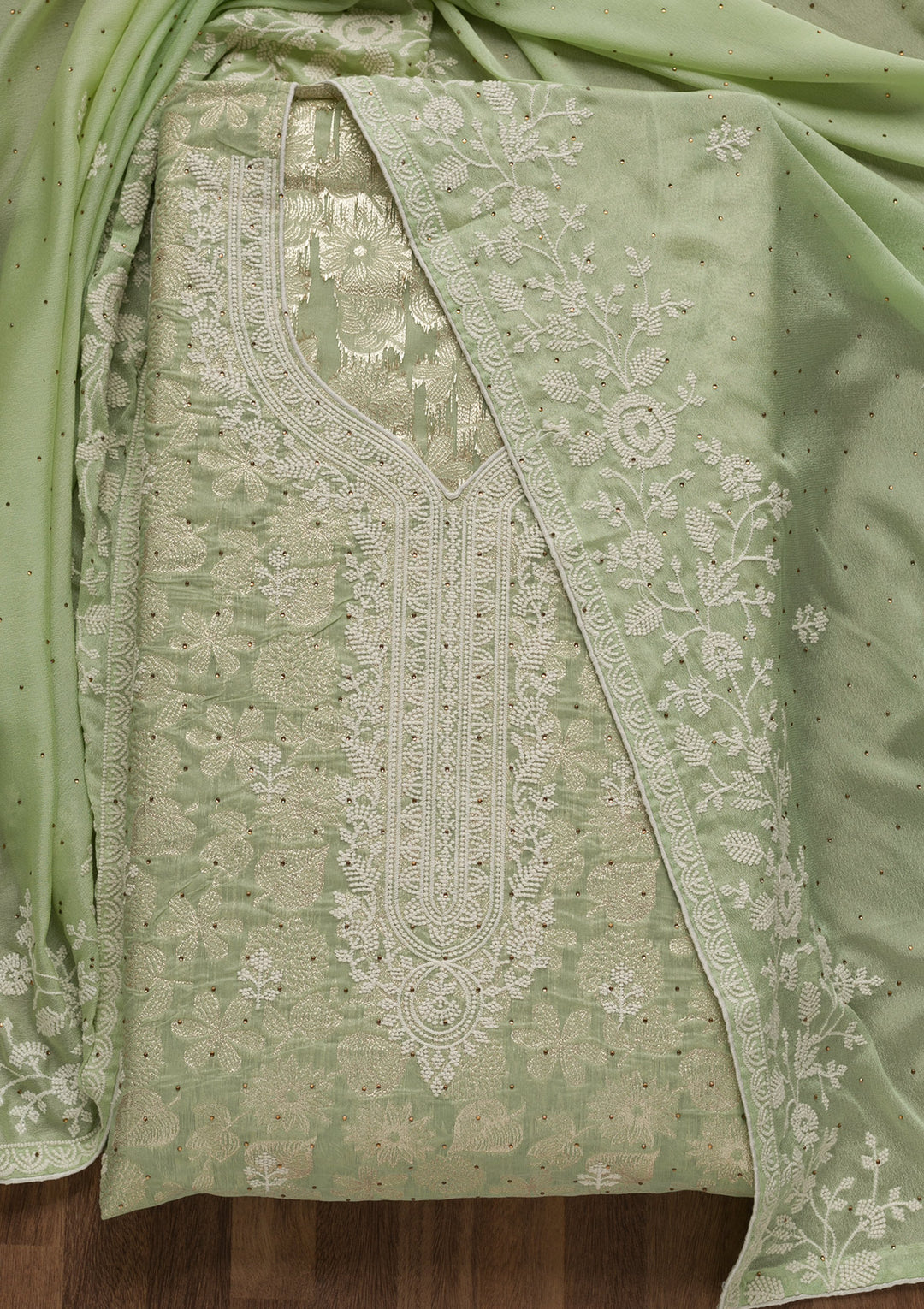 Pista Green Threadwork Banarasi Unstitched Salwar Suit