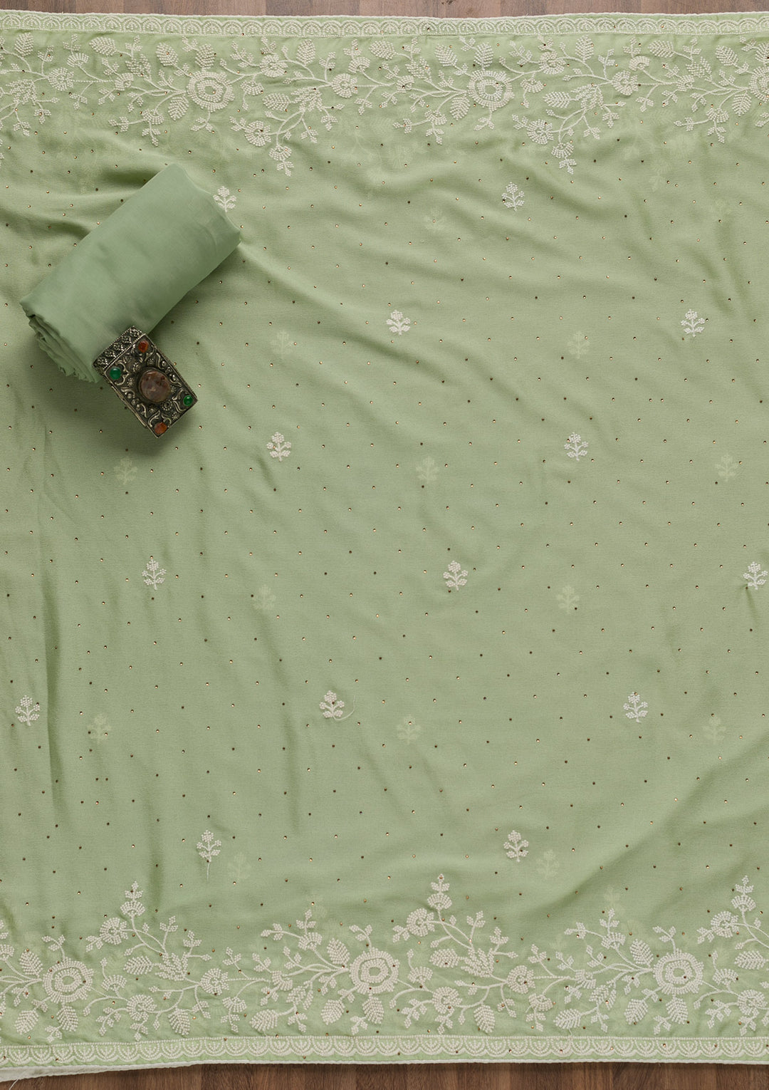 Pista Green Threadwork Banarasi Unstitched Salwar Suit
