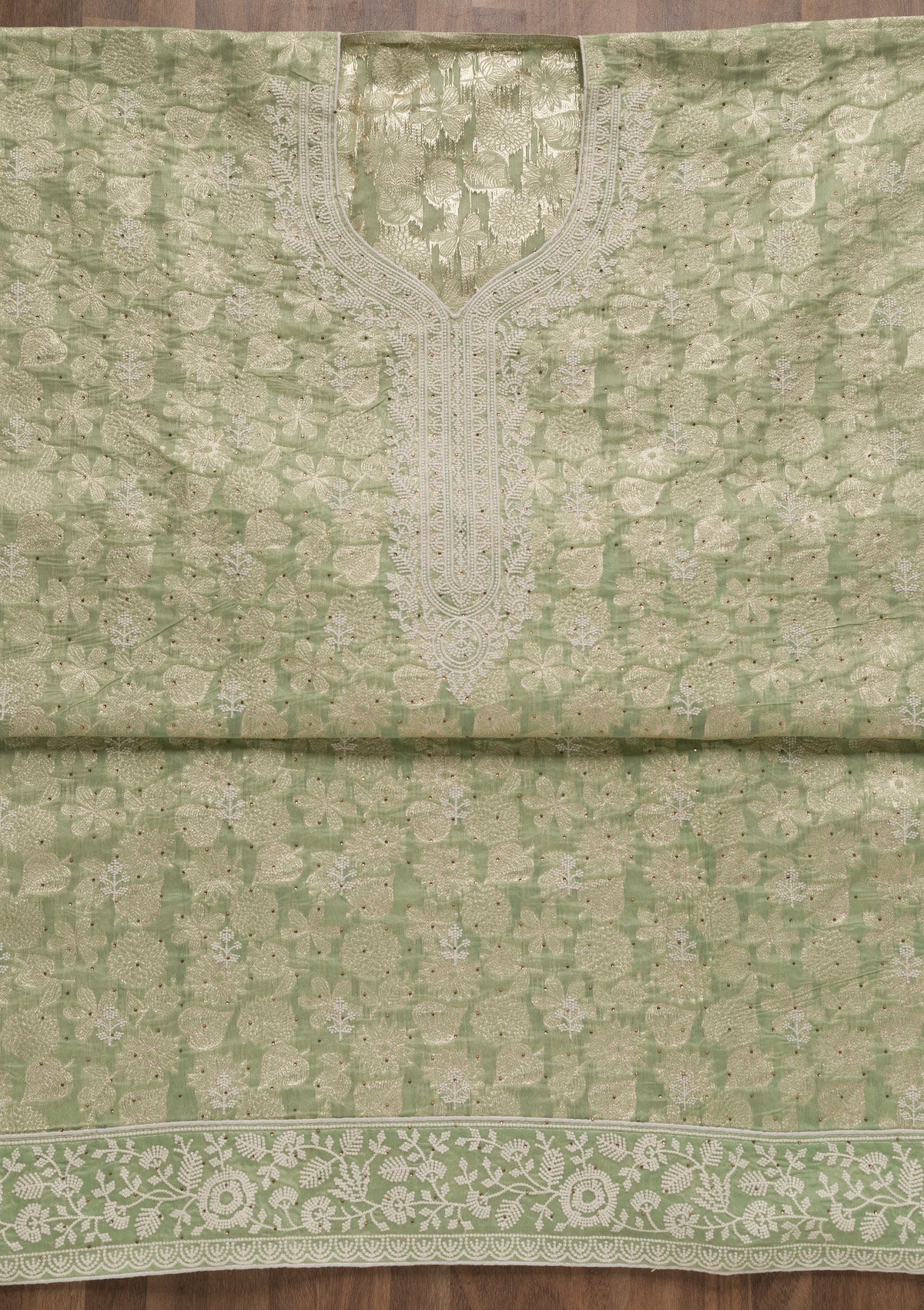 Pista Green Threadwork Banarasi Unstitched Salwar Suit