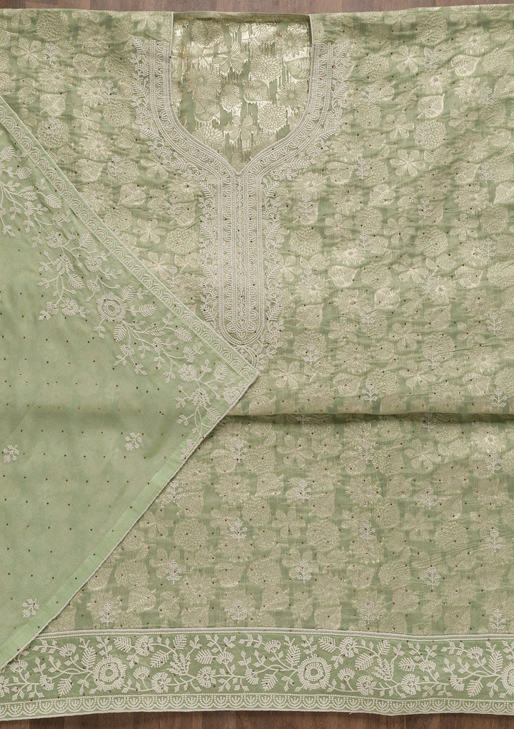 Pista Green Threadwork Banarasi Unstitched Salwar Suit