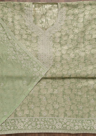 Pista Green Threadwork Banarasi Unstitched Salwar Suit
