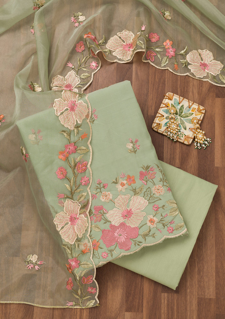 Pista Green Threadwork Chanderi Unstitched Salwar Suit