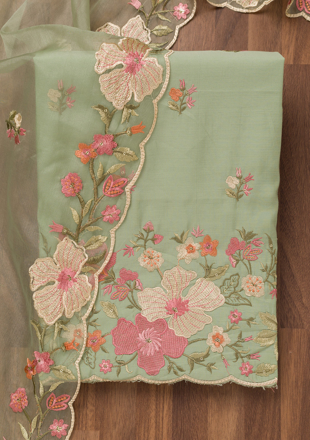 Pista Green Threadwork Chanderi Unstitched Salwar Suit