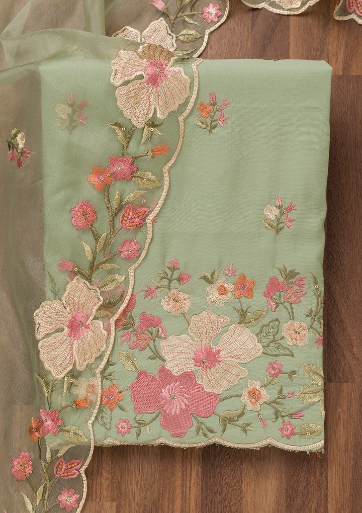 Pista Green Threadwork Chanderi Unstitched Salwar Suit