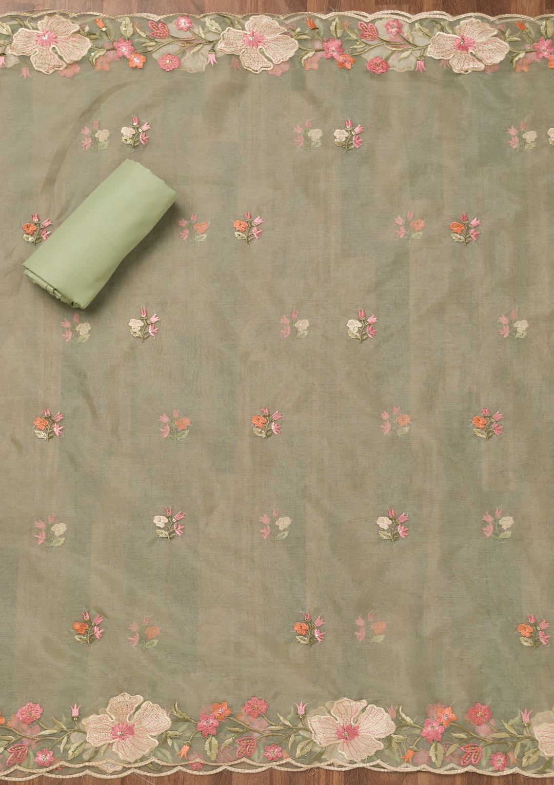 Pista Green Threadwork Chanderi Unstitched Salwar Suit