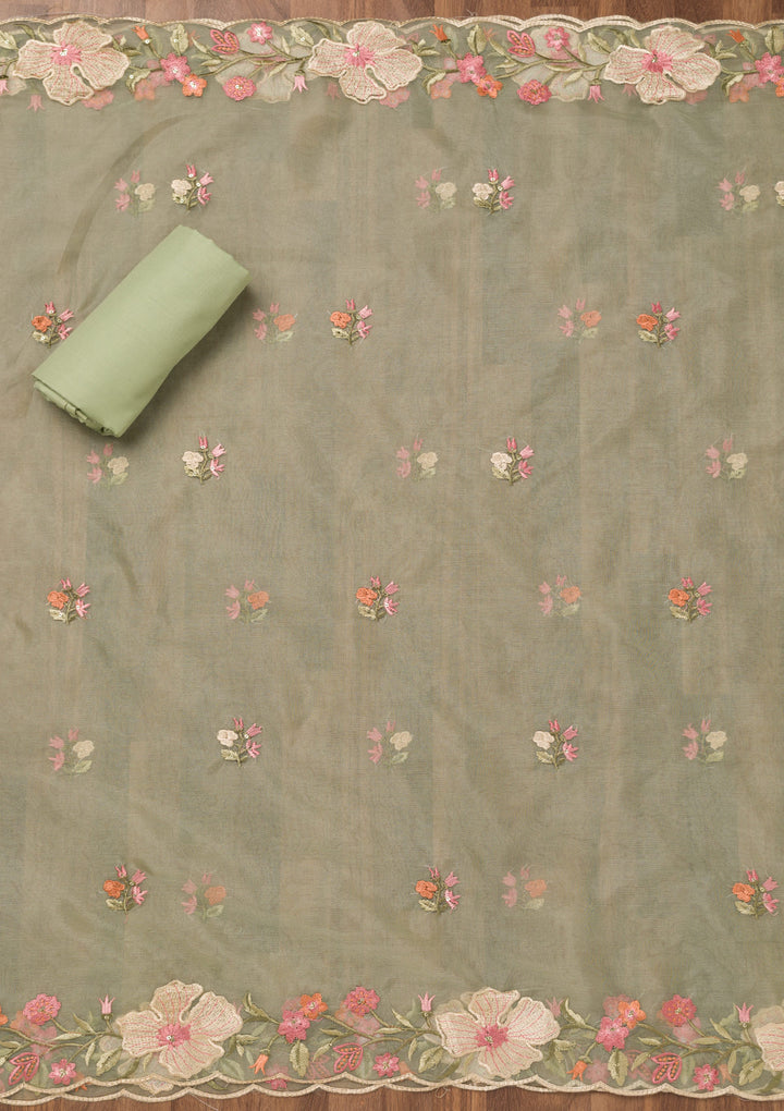 Pista Green Threadwork Chanderi Unstitched Salwar Suit