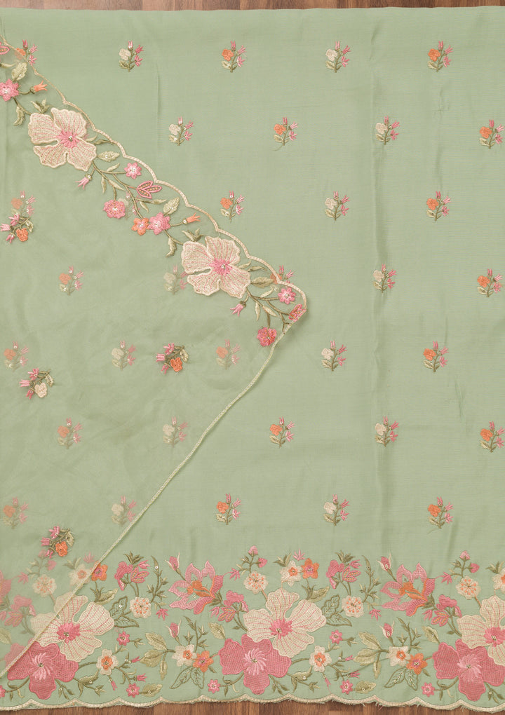 Pista Green Threadwork Chanderi Unstitched Salwar Suit