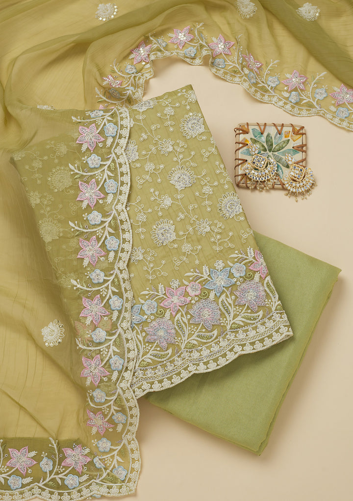 Pista Green Threadwork Chiffon Unstitched Salwar Suit