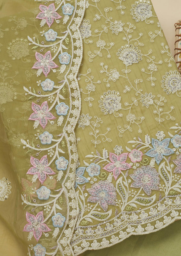Pista Green Threadwork Chiffon Unstitched Salwar Suit