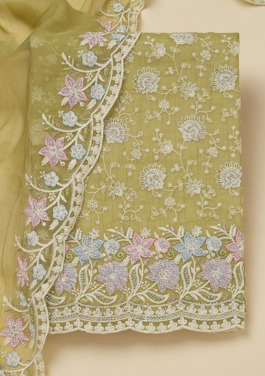 Pista Green Threadwork Chiffon Unstitched Salwar Suit