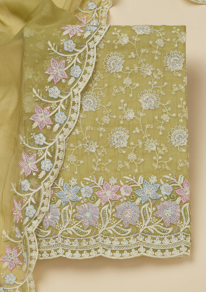 Pista Green Threadwork Chiffon Unstitched Salwar Suit