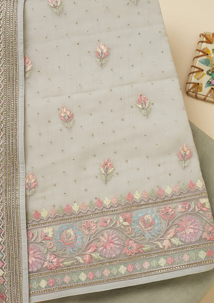 Pista Green Threadwork Chiffon Unstitched Salwar Suit