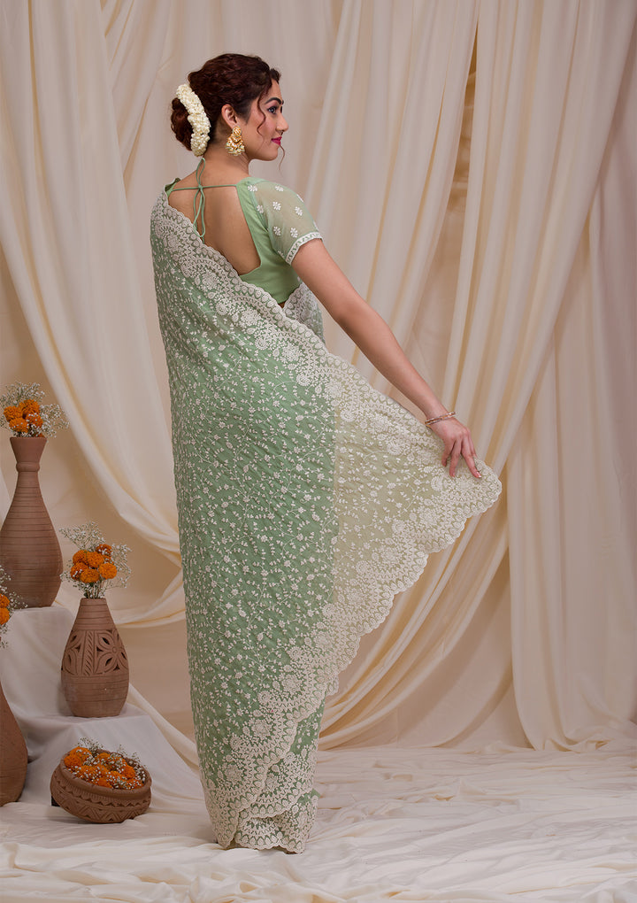 Pista Green Threadwork Chiffon Saree
