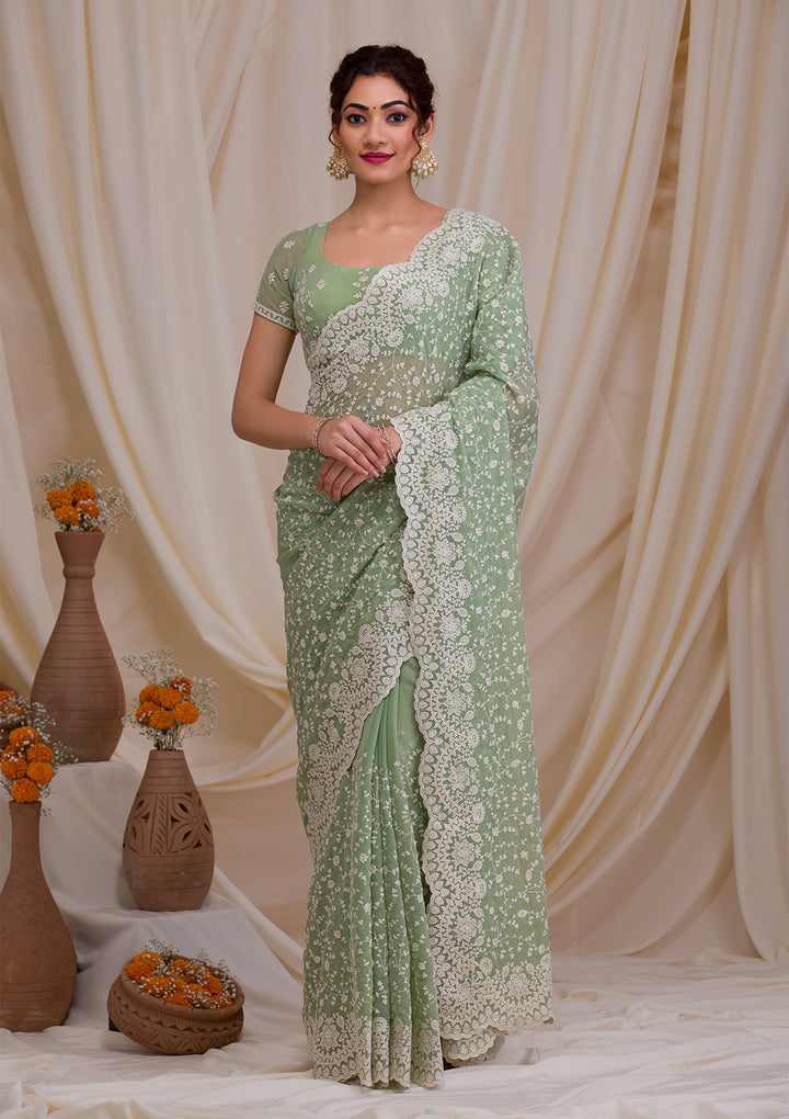 Pista Green Threadwork Chiffon Saree