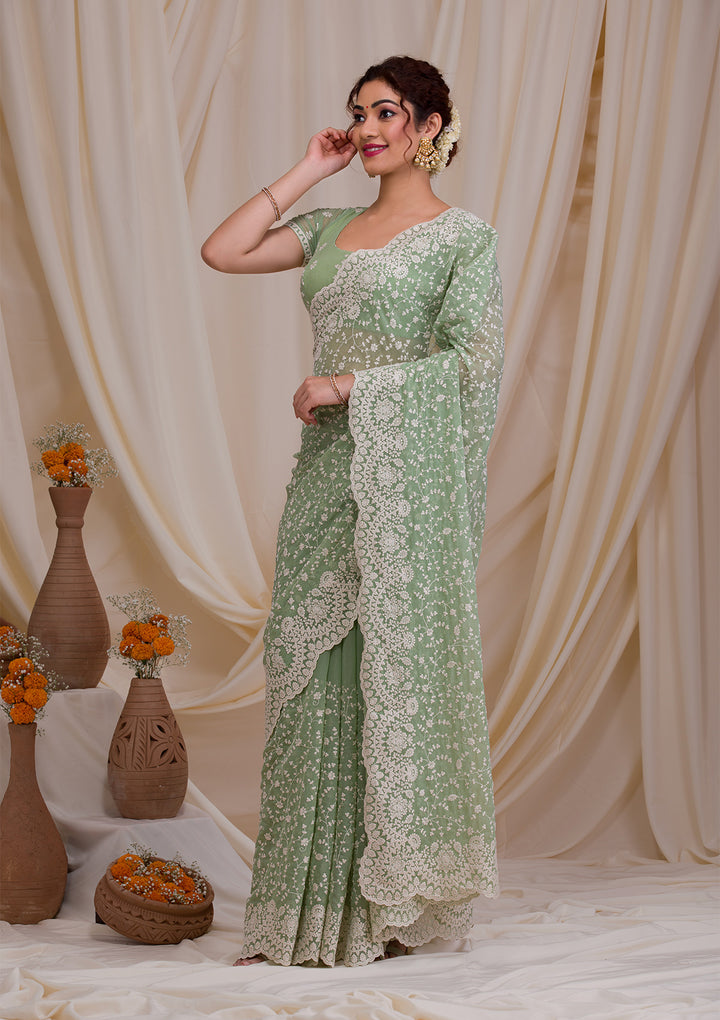 Pista Green Threadwork Chiffon Saree