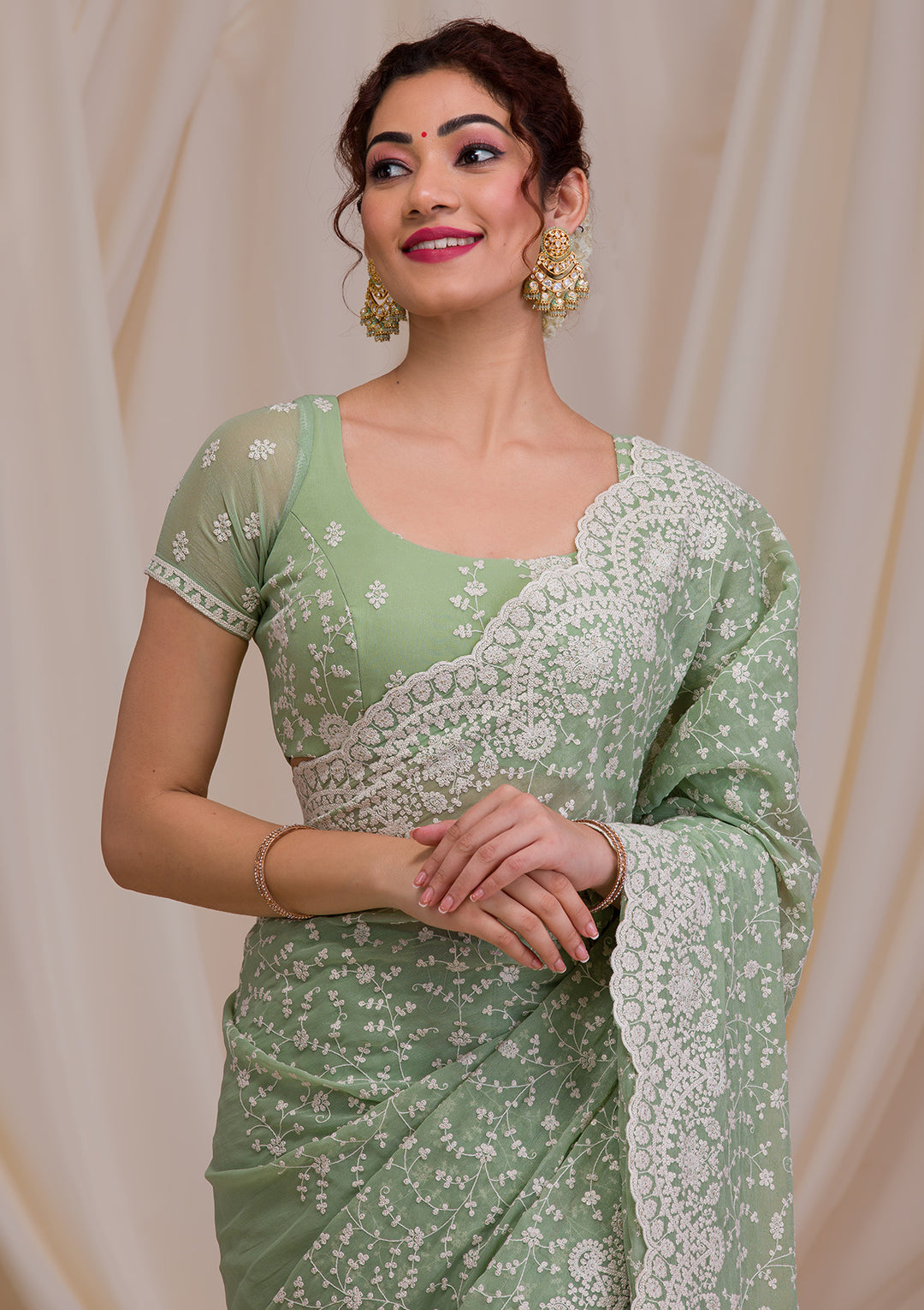 Pista Green Threadwork Chiffon Saree