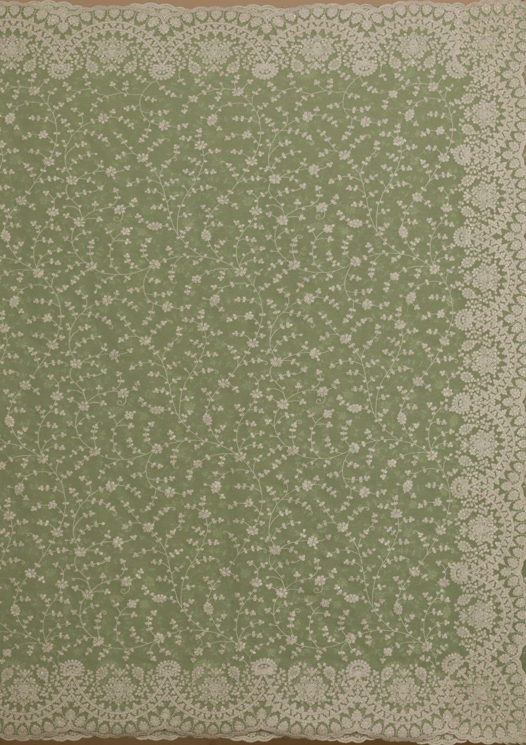 Pista Green Threadwork Chiffon Saree