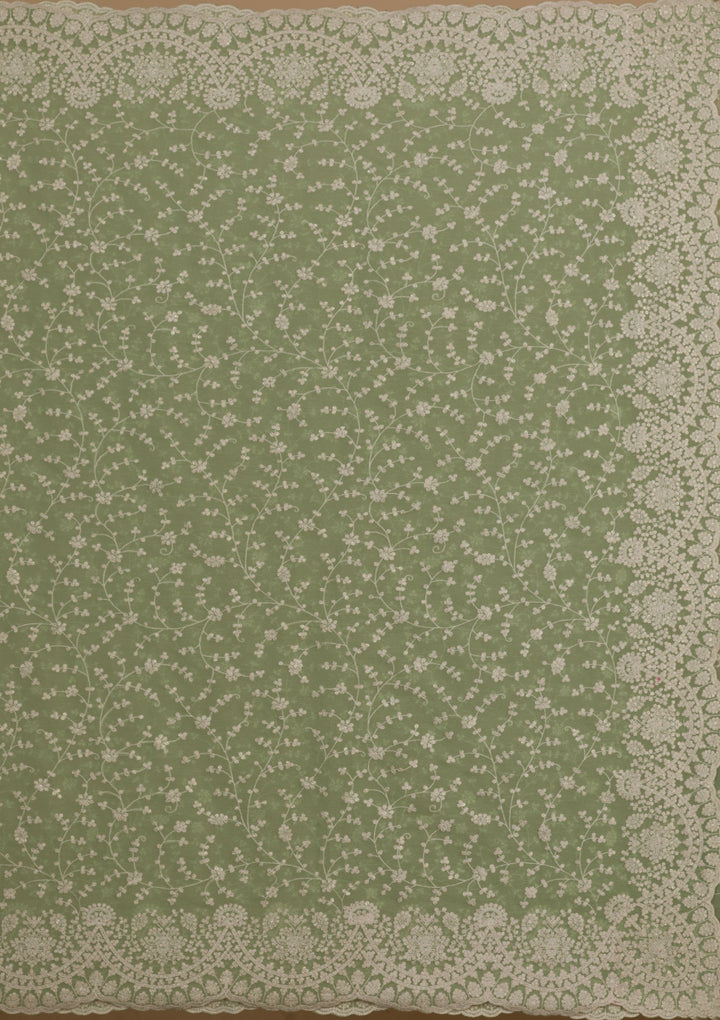 Pista Green Threadwork Chiffon Saree