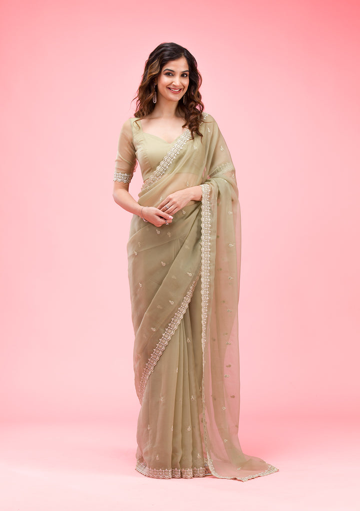 Pista Green Threadwork Chiffon Saree