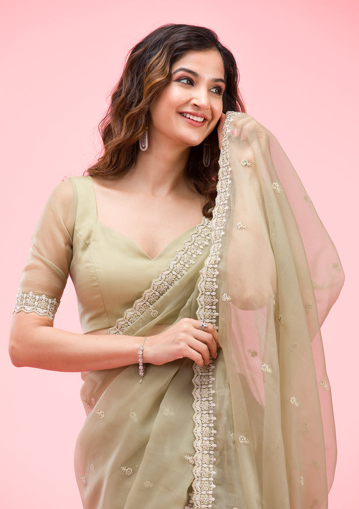 Pista Green Threadwork Chiffon Saree
